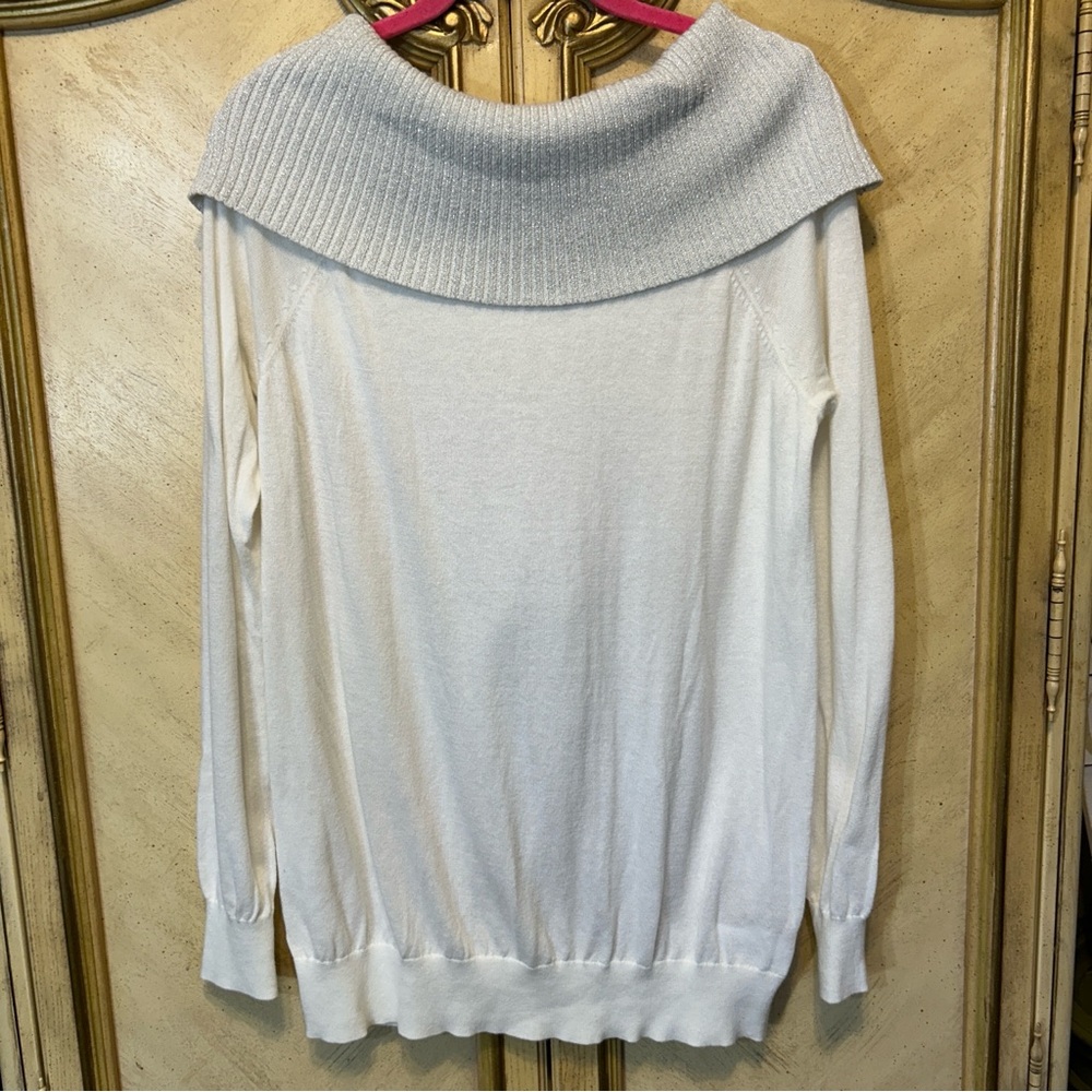 Michael Kors White & Metallic Silver Cowl Neck Sweater